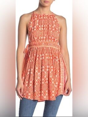 Free People Coral Printed Halter Tunic